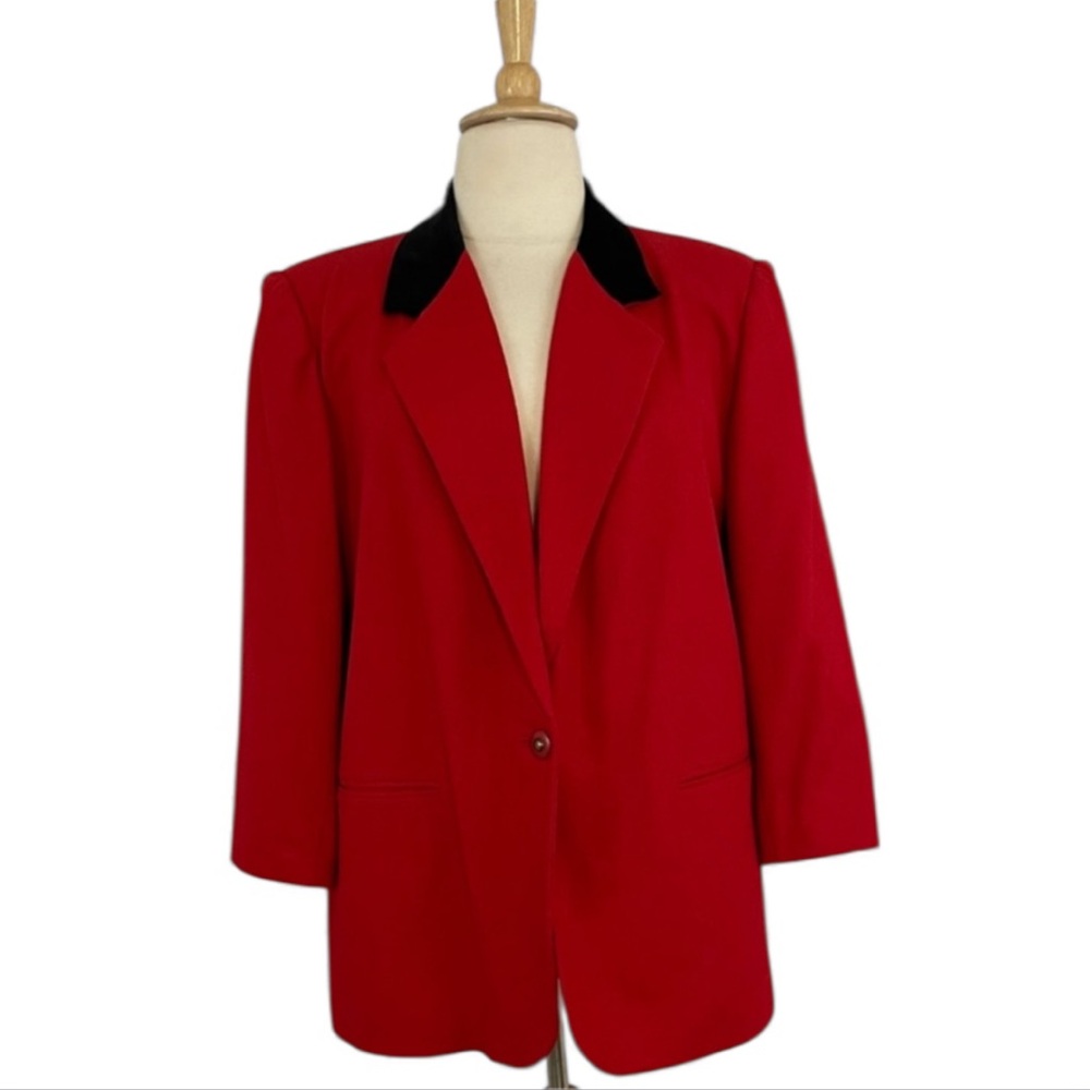 Vintage 90s Red Wool‎ Blazer Women’s 20W Velvet Collar 1 Button Long Sleeve